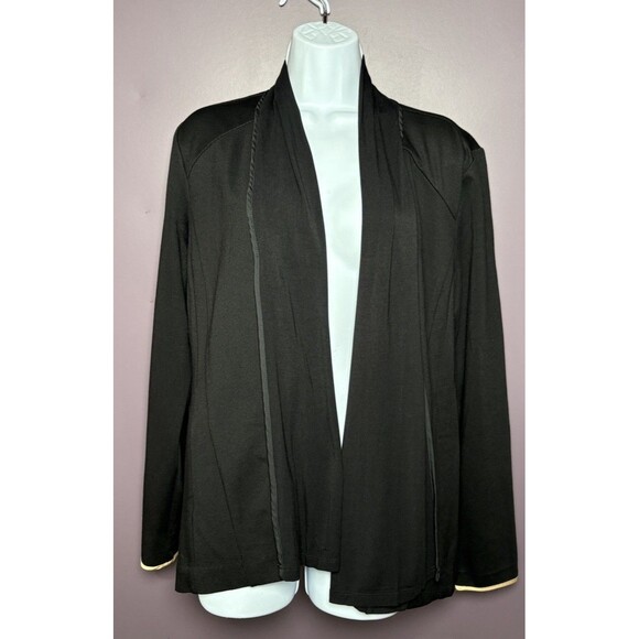 H Halston Open Front Blazer Jacket Women’s Size Medium Black Ivory Trim Office - Picture 1 of 10